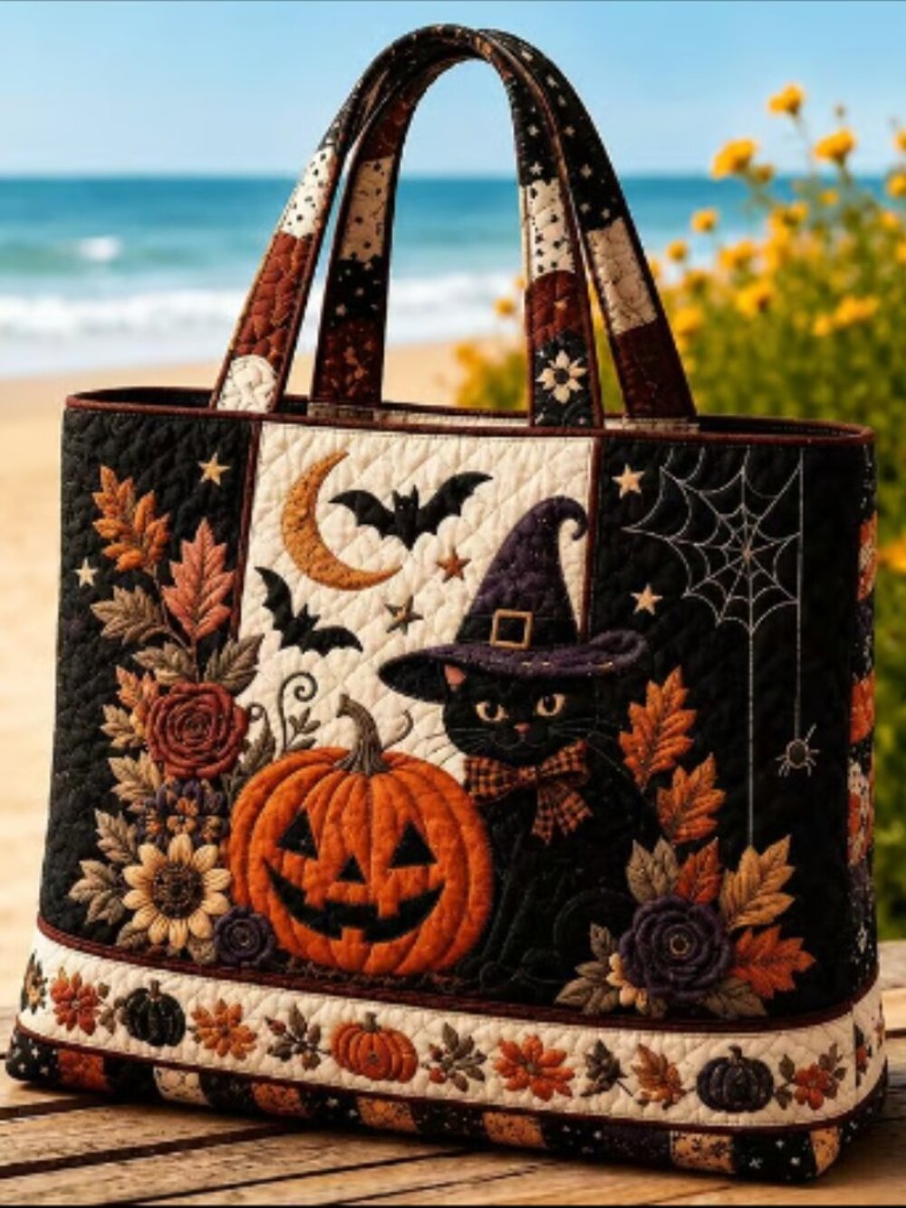 Vintage Halloween Black Cat Pumpkin Quilted Tote Bag